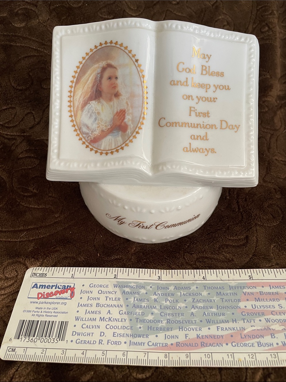 White 5” Roman Porcelain First Communion book music plays “The Lords Prayer”